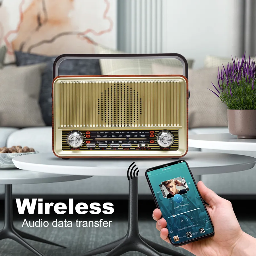 Moda retrò Radio portatile AM FM batteria a onde corte Radio classica in legno con altoparlante Wireless Super Bass AUX TF lettore MP3 USB