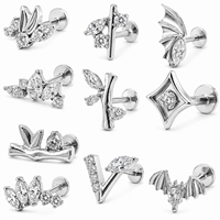 Vente en gros de bijoux de piercing pour cartilage pour enfants en titane F136 à dos plat, modèles labret, clous, zircon, aile de papillon, motif vigne, étoile