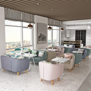 Ensemble de meubles de café modernes de couleur pastel fauteuils en velours table blanche pour salon avec vue sur la ville salle à manger commerciale - Product Image 1