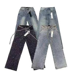 Jeans de Diseño para Hombre, Estilo Vintage Lavado con Diamantes Retro, Corte Holgado, Dobladillo sin Rematar y Diseño Completo con Pedrería, Estilo Urbano - Product Image 1