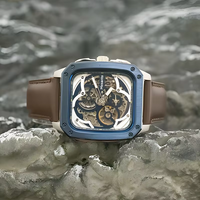 Nouvelle arrivée, montre mécanique squelette, cadran bleu carré, aiguilles lumineuses, bracelet en cuir, montre-bracelet pour homme