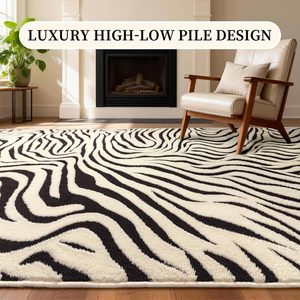 YIHOUSE Tappeto in Poliestere da 46 Piedi, Moderno e Lavabile, con Motivo a Strisce Astratte, Nero/Crema/Bianco, per Soggiorno e Sala da Pranzo, Misura Media - Product Image 2
