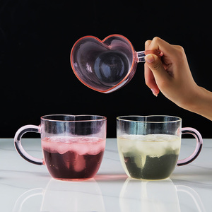 Cốc thủy tinh dễ thương cho bé gái Ngày Valentine Bộ cốc cà phê hình trái tim một lớp màu hồng và rõ ràng - Product Image 4