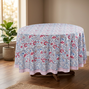 Nappe ronde en coton faite à la main, motif floral moderne, imprimé au bloc, lavable, pour la maison, les mariages, les banquets et les hôtels - Product Image 3