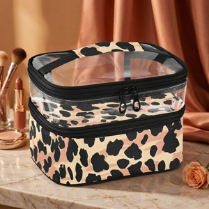 Pochette de maquillage double couche personnalisée en gros, imprimé léopard léger, trousse de toilette transparente avec fermeture éclair, sac de voyage étanche - Product Image 1