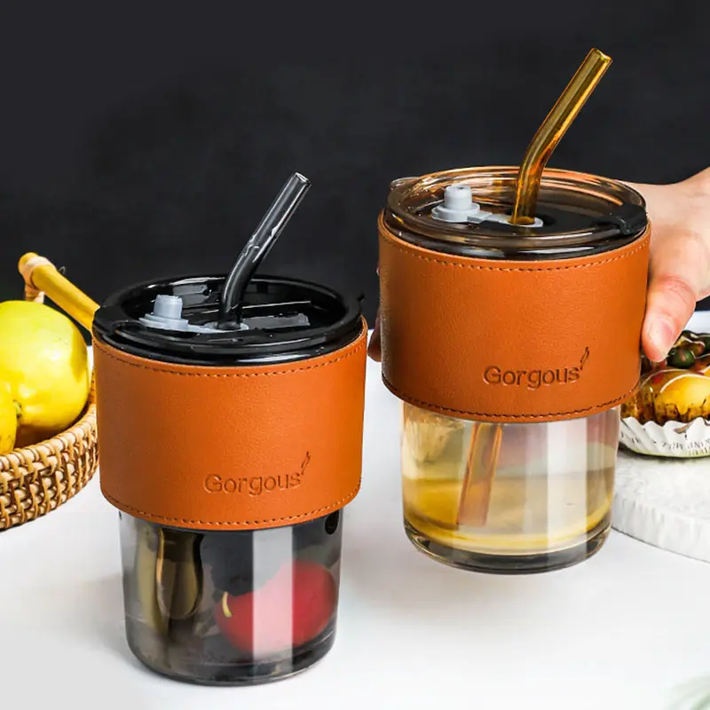 Gelas minum kaca portabel murah, cangkir kopi dengan tutup dan sedotan tahan bocor cangkir teh dapat digunakan kembali bepergian cangkir teh kopi