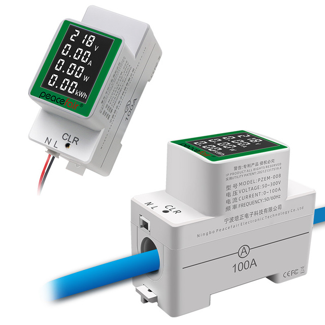 Peacefair PZEM-008 4 in 1 AC Single Phase DIN Rail Energy Meter 50-300V 100A LCD KWh Wattmeter