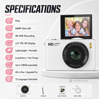 Cámara para Estudiantes H20 4K UHD, 48MP AF, Pantalla IPS Abatible de 2.4 Pulgadas, Zoom 16X, MP3, Juegos, 12 Idiomas, Dispositivo de Transferencia OTG para Jóvenes Globales