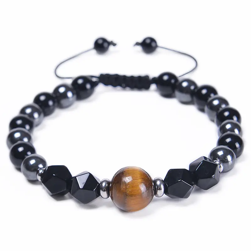 Wholesale 12MM Tiger Eye Stone 8mm Cut Natural Stone Beads Bracelet Adjustable Hematite Beaded Braided Bracelets for Men Women