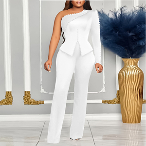 Nuevo Estilo de Verano, Traje de Oficina de Dos Piezas con Hombros Descubiertos y Adornos, <span class=keywords><strong>Talla</strong></span> <span class=keywords><strong>Grande</strong></span>, Estilo Europeo y Americano para Mujer - Product Image 4