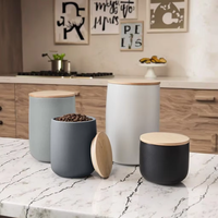 Pot en céramique fantaisie bon marché, cylindre avec couvercle en bois, pour le stockage de café, de thé, de sucre, d'épices, personnalisé, glacé et givré, de petite taille, pour l'Europe