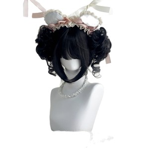 DM Women's Full Head Wig Black Short Straight Cosplay Hairpiece With Floral <b>Bun</b> Glueless Kanekalon Fiber Henan Origin - Product Image 1