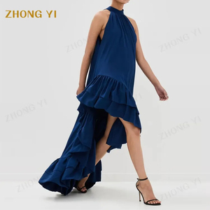 Vêtements personnalisé bleu à volants <span class=keywords><strong>haut</strong></span>-bas irrégularité étage longueur ras du cou sans manches femmes élégante mode fête Maxi robe - Product Image 1