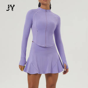 Joyyoung set rok wanita, 2 potong pakaian lengan panjang Zip atasan Crop lipit rok Mini pakaian tenis luar ruangan - Product Image 6