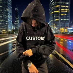 Sweat à capuche noir pour homme, style streetwear hip-hop, délavé à l'acide, effet soleil, coupe oversize, imprimé strass, personnalisable par le fabricant - Product Image 2
