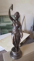 Horloge de table/étagère mécanique à balancier en laiton antique, modèle Chasseuse, avec boule mystère bleu cobalt, 8 jours de fonctionnement