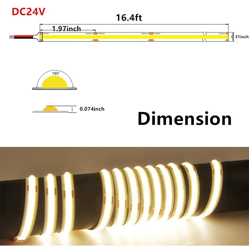 Lampu putih dingin fleksibel 8mm ip20 kustom kualitas tinggi strip cob led 6000K 12v untuk dekorasi dalam ruangan rumah kamar tidur