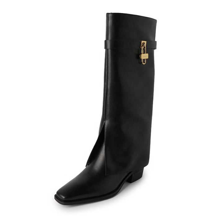 Ladies 2021 New Slip-on Boots In Shiny Calfskin Leather Women Covered Wedge Heels Almond-toe Boots