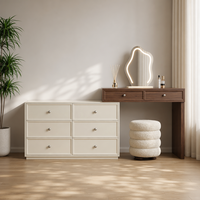 Coiffeuse avec commode de rangement, ensemble de table de maquillage à 6 tiroirs avec miroir LED et tabouret bouclé pour chambre à coucher