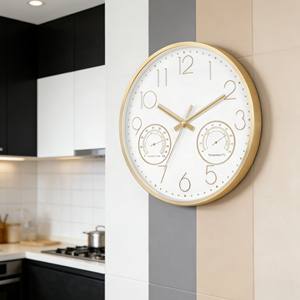 Horloge murale de luxe 14 pouces dorée à mouvement silencieux à quartz avec thermomètre et hygromètre, idéale pour grandes maisons et résidences de prestige - Meilleures ventes - Product Image 3