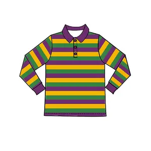 100% Polyester Jeugd Mardi Gras Kind Mardi Gras Classic Gestreepte Paars Groen Geel Lange Mouw Polo Shirt