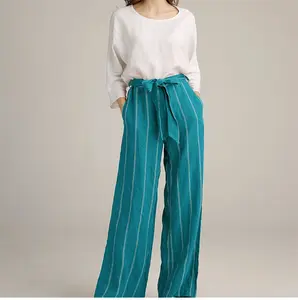 Pantalones de pierna ancha con estampado personalizado para mujer, ropa de lino y algodón, cintura alta, venta al por mayor