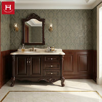 Meuble-lavabo double vasque en bois massif sculpté sur mesure Happy Houses, finition brun foncé, avec comptoir en marbre, pour villa et maison