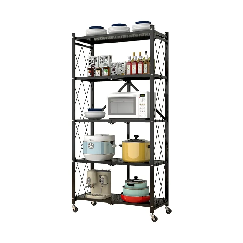 5 Tiers Metal No Assembly Storage Shelves Folding shelves Folding Rack for Garage Bedroom Kitchen with Wheels