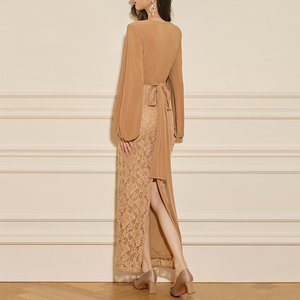 Abito da sera in <span class=keywords><strong>pizzo</strong></span> personalizzato dai toni caldi autunnali, design snellente <span class=keywords><strong>con</strong></span> cintura in vita, <span class=keywords><strong>vestito</strong></span> <span class=keywords><strong>lungo</strong></span> <span class=keywords><strong>con</strong></span> <span class=keywords><strong>spacco</strong></span> posteriore decorato <span class=keywords><strong>con</strong></span> paillettes per appuntamenti - Product Image 3