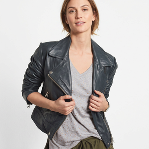 Veste en cuir véritable pour femme, noire, à col large asymétrique, fermeture éclair, imperméable, respirante, tendance, pour l'hiver - Product Image 1