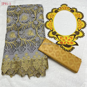 JF91 2.5yards de <span class=keywords><strong>bazin</strong></span> riche + 2.5yards de tissu de dentelle <span class=keywords><strong>africaine</strong></span> avec collier pectoral dentelle de voile suisse de style nigérian pour la <span class=keywords><strong>couture</strong></span> de <span class=keywords><strong>robe</strong></span> - Product Image 6