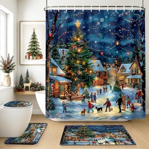 Rideau de Douche en Polyester Imprimé Numérique Motif Villages de Noël Bleus, Imperméable, Personnalisable, Vente en Gros, Moderne - Product Image 1