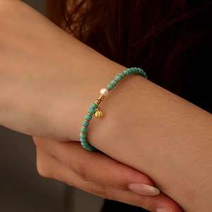 LONGFENG S925 Bracelet chaîne à maillons en argent plaqué or 18 carats perles de turquoise naturelle perles géométriques mignonnes pour femmes - Product Image 3