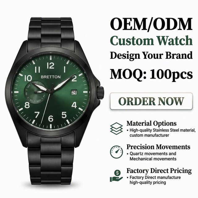 Black Plated Steel Watch with Deep Green Dial Independent Small Second Sub Dial Arabic Numerals and Date Display