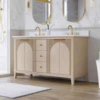 Meuble-lavabo autoportant en bois cannelé arqué avec comptoir en quartz, double vasque sous plan, style moderne, en panneau mélaminé, couleur cuivre