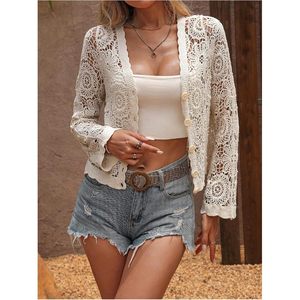 Women's Crochet <b>Cardigan</b> <b>Sweater</b> V Neck Long Sleeve Knit Crop Top Bohemian Summer Sheer Layer - Product Image 5