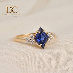Nouvelle bague de luxe en or jaune massif 14 carats avec diamant de laboratoire et saphir bleu royal, bijoux de mariage pour femmes - Product Image 5