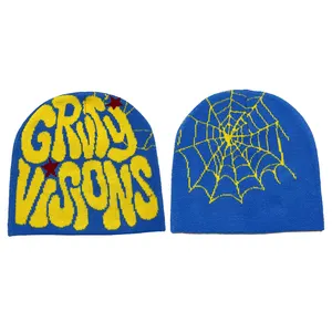 Custom Logo Y2k Beanie Hat Spider Web Hop Unisex Knitted All over Jacquard Beanie Hat