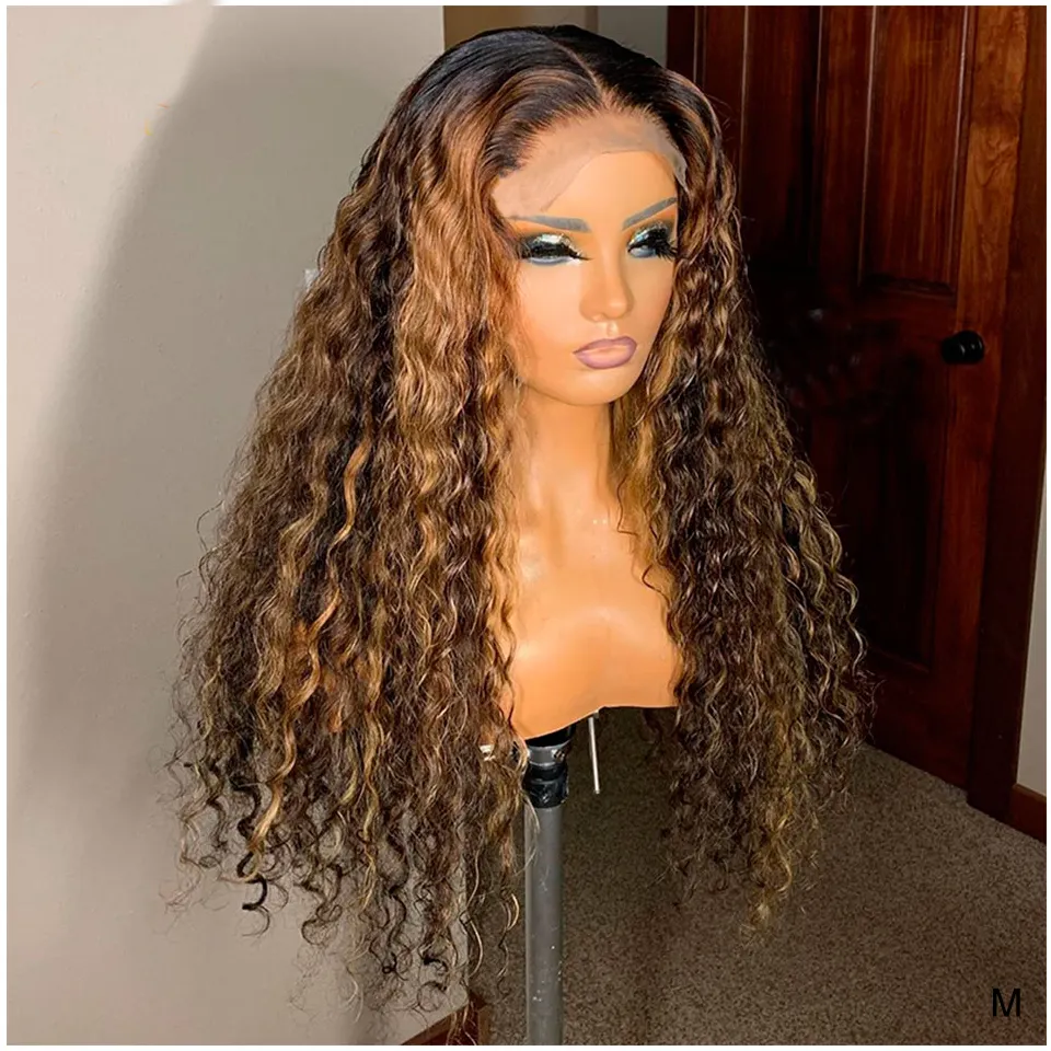 Highlight Color and Natural Color 150 Density Water Wavy Lace Frontal Wig, Brazilian Virgin Human Hair Lace Front Wigs
