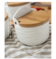 Bocaux à épices en céramique minimalistes semi-circulaires texturés avec plateau et couvercle en bois, récipient à épices multifonction portable