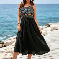 Robe midi bohème sans manches pour femme, imprimé floral géométrique ethnique, col carré, coupe trapèze, idéale pour les vacances