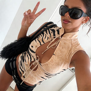 Nouveau haut d'été vintage sans manches style chinois imprimé tigre, col montant, noué sur le devant, ajouré, coupe ajustée - Product Image 6