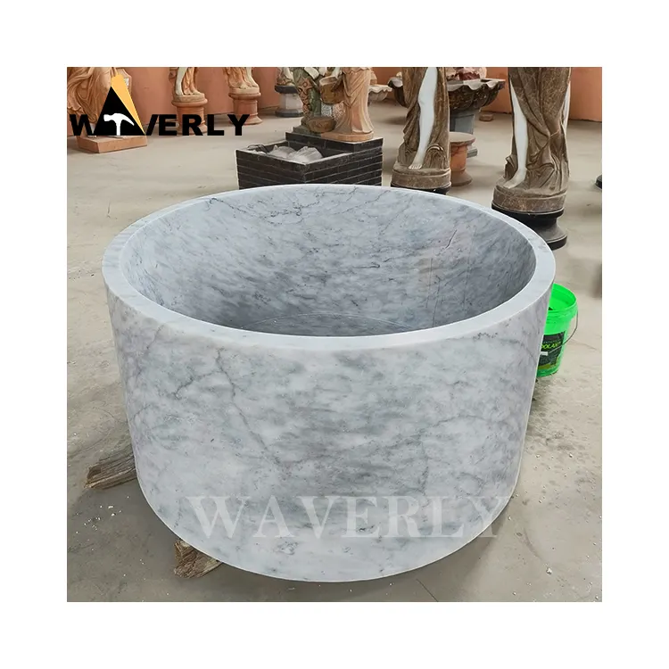 Modern Natural Stone Carrara Marble Bathtub 1.6m Antique Marble Solid Round Shape Deep Stone Bathtub Bath Tub