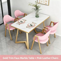 Ensemble table et chaises de salle à manger en pierre frittée avec pieds en métal doré, plateau en marbre de luxe pour salle à manger, mobilier moderne et minimaliste pour la maison
