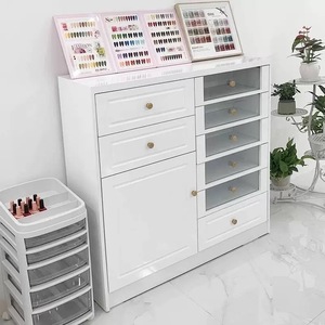 Meuble de rangement blanc pour salon, console longue avec tiroirs et portes vitrées pour exposition - Product Image 3