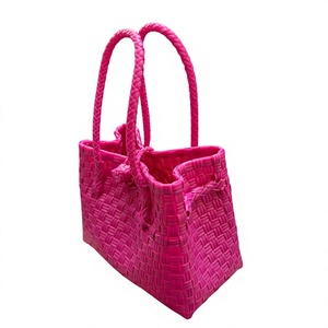 Handmade <b>Hot</b> <b>Pink</b> Woven Plastic Straw Tote <b>Bag</b> Waterproof Reusable Summer Beach Shopping Market Basket Handbag For Women Casual - Product Image 2