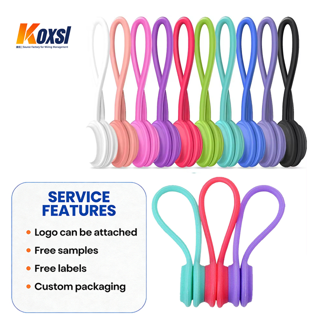 10pcs Mixed Color Magnetic Releasable Snap-On Silicone Cable Ties 100mm Reusable Twist Ties for Bundling Electrical Cables