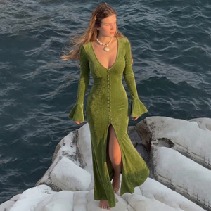 European Fashion Sexy <b>Vintage</b> Style Knit Button Front High Slit Flared Sleeve Deep V Neck Midi <b>Dress</b> <b>for</b> <b>Women</b> - Product Image 4