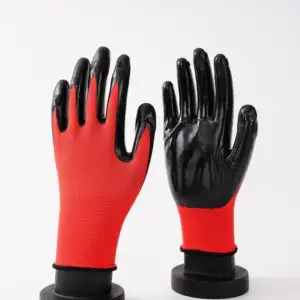Gant en nitrile malaisie fabrication manchette de sécurité bonne qualité doublure en polyester rouge tricoté gants enduits de nitrile noir