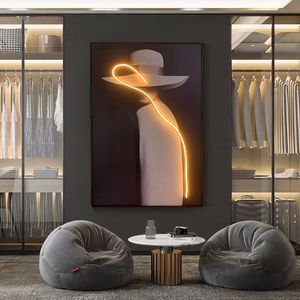 Art mural moderne avec bande lumineuse LED, portrait de femme sexy, noir et blanc, impressions décoratives en cristal, peinture murale pour salon - Product Image 1